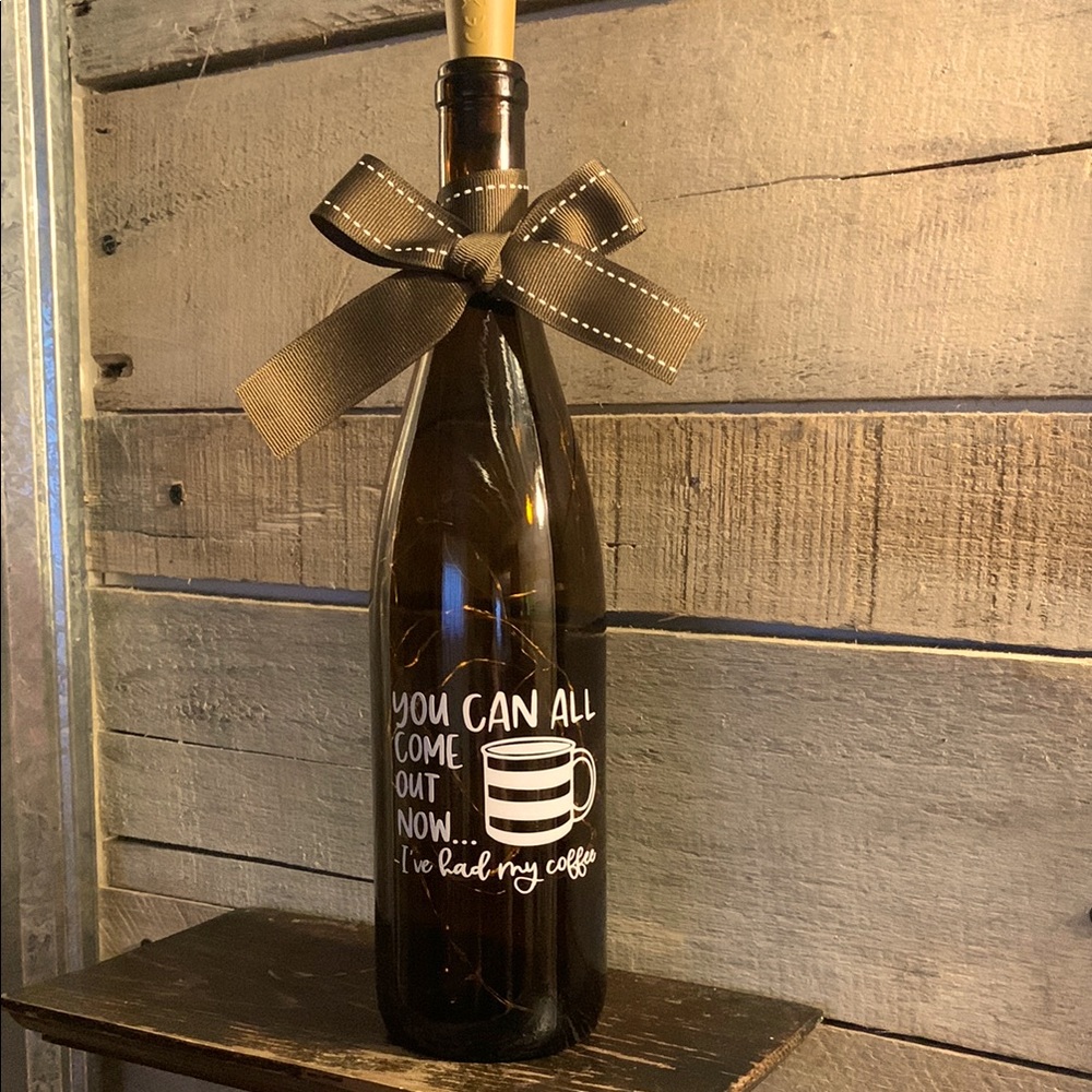 OOAK, Hand Crafted- Coffee logo brown Wine Bottle lantern